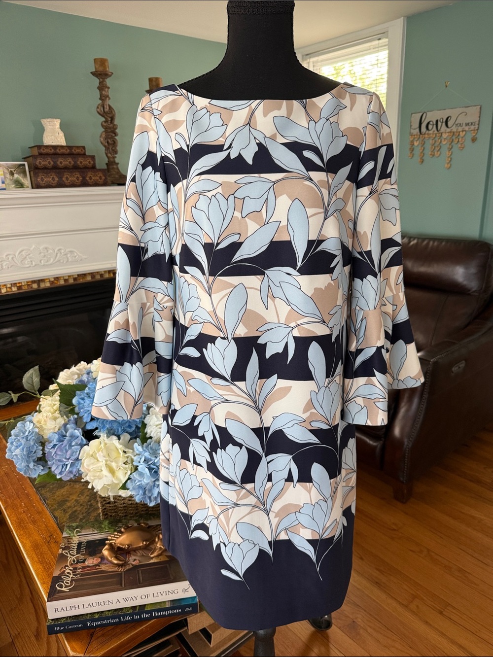 Vince Camuto Navy, Light Blue & Cream Floral Shift Dress
